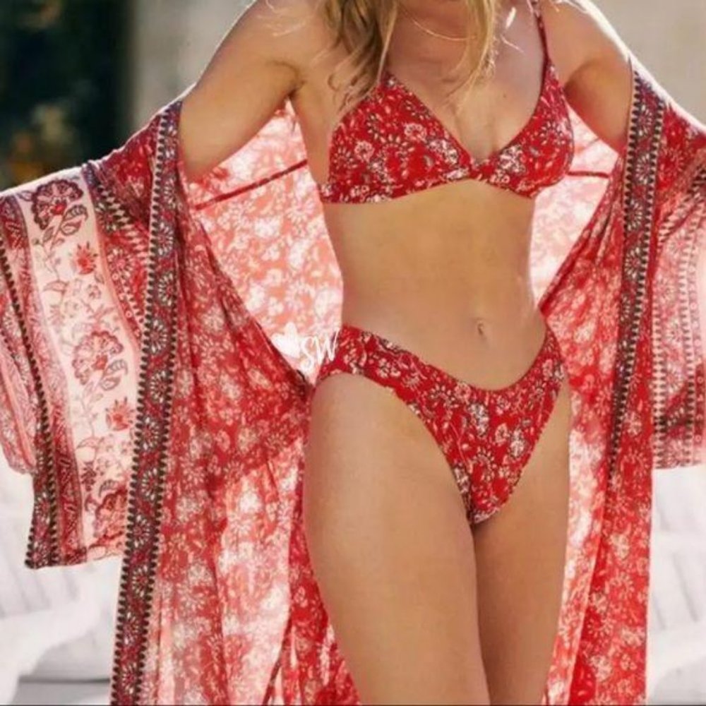 Bohemian Gypsy Print Maxi Kimono CoverUp Red - Picture 2 of 3